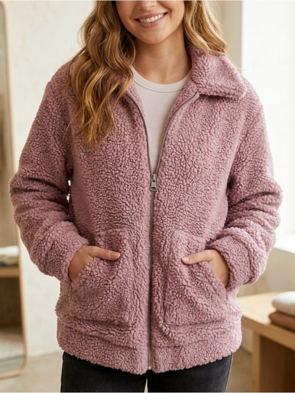 NWT Anthropologie Elodie Mauve Teddy Zip-Up Jacket Size XS